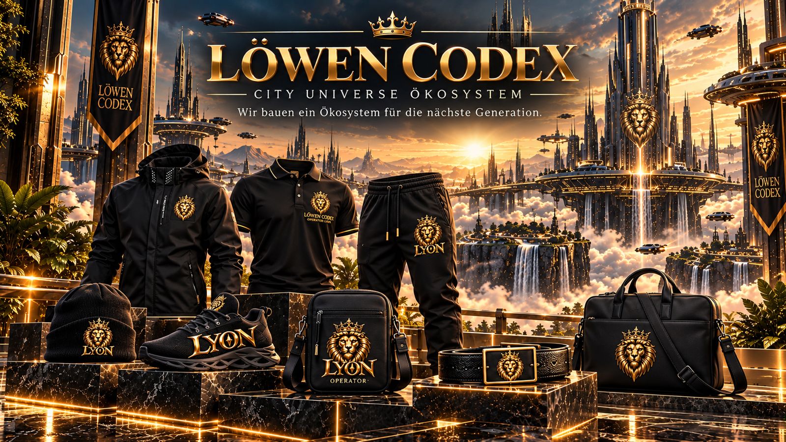 Löwen Codex Operator Series — Jacke, Polo, Jogger, Sneaker, Beanie, Taschen und Gürtel in Schwarz und Gold vor einer goldenen Zukunftsstadt